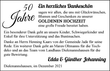 Glückwunschanzeige von Edda und Günther Johanning von Nordwest-Zeitung