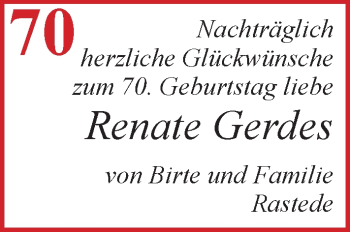 Glückwunschanzeige von Renate Gerdes von Nordwest-Zeitung