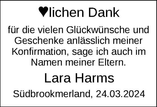 Glückwunschanzeige von Lara Harms von EZ