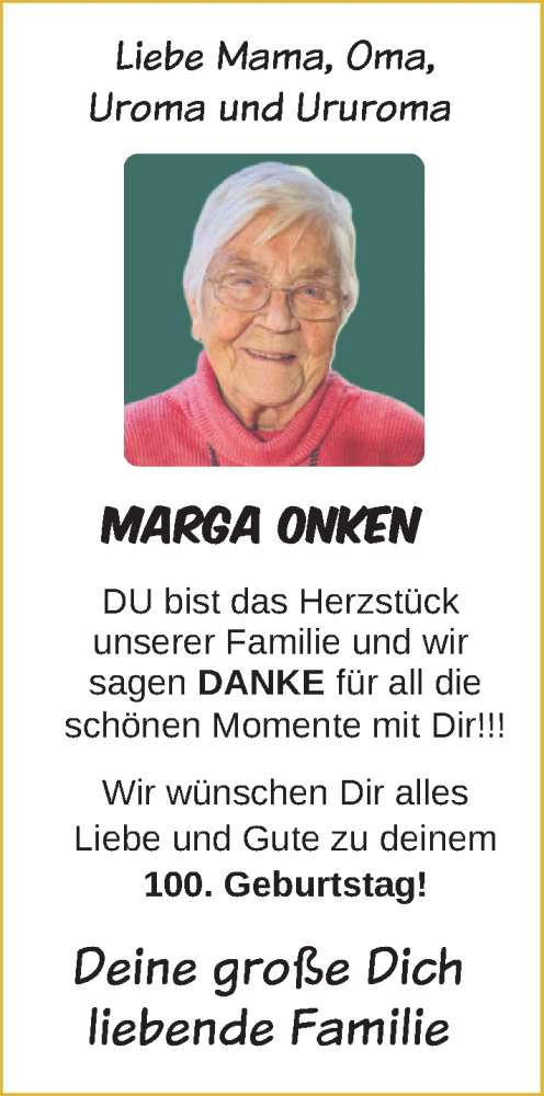 Glückwunschanzeige von Marga Onken von BM